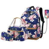 USB Charging Canvas Backpack 3 Pcs/set Women School Backpacks