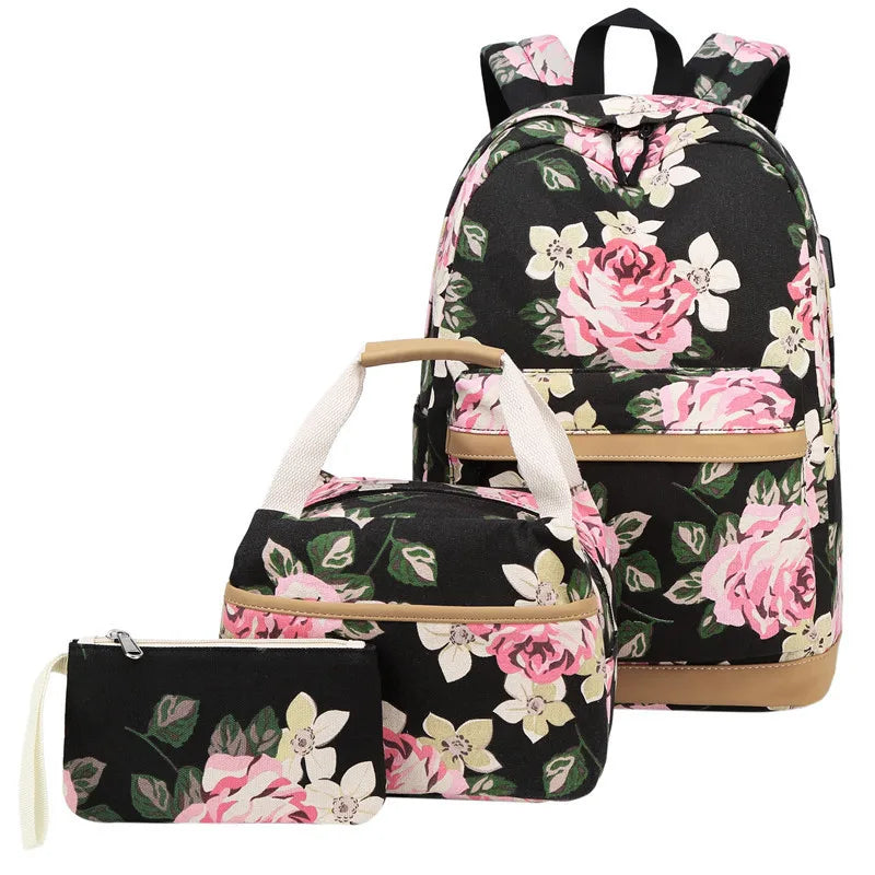 USB Charging Canvas Backpack 3 Pcs/set Women School Backpacks