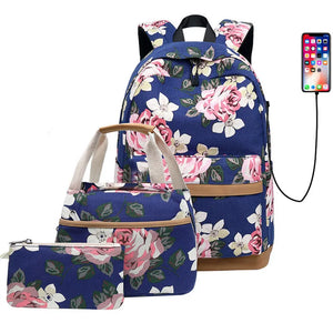 USB Charging Canvas Backpack 3 Pcs/set Women School Backpacks