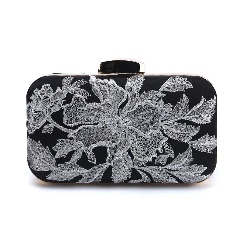Vintage Flower Embroidery Silver Evening Bags Retro Party Clutches