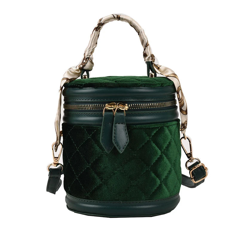 Vintage Quilting Velvet Womens Crossbody Scarf Wrapped Chain Zipper Bucket Bag