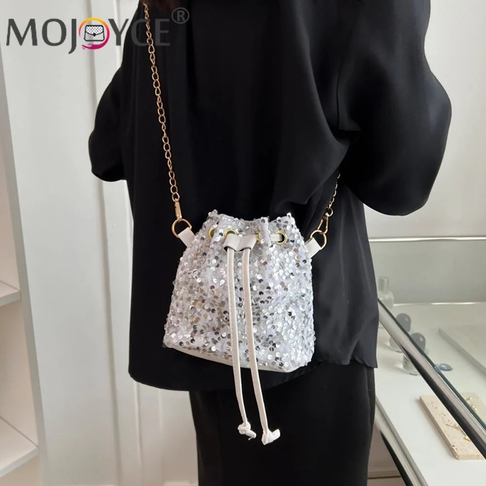 Vintage Women Top-Handle Bag Sequins Drawstring Shoulder Bag