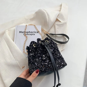 Vintage Women Top-Handle Bag Sequins Drawstring Shoulder Bag