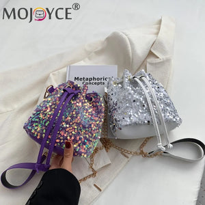 Vintage Women Top-Handle Bag Sequins Drawstring Shoulder Bag
