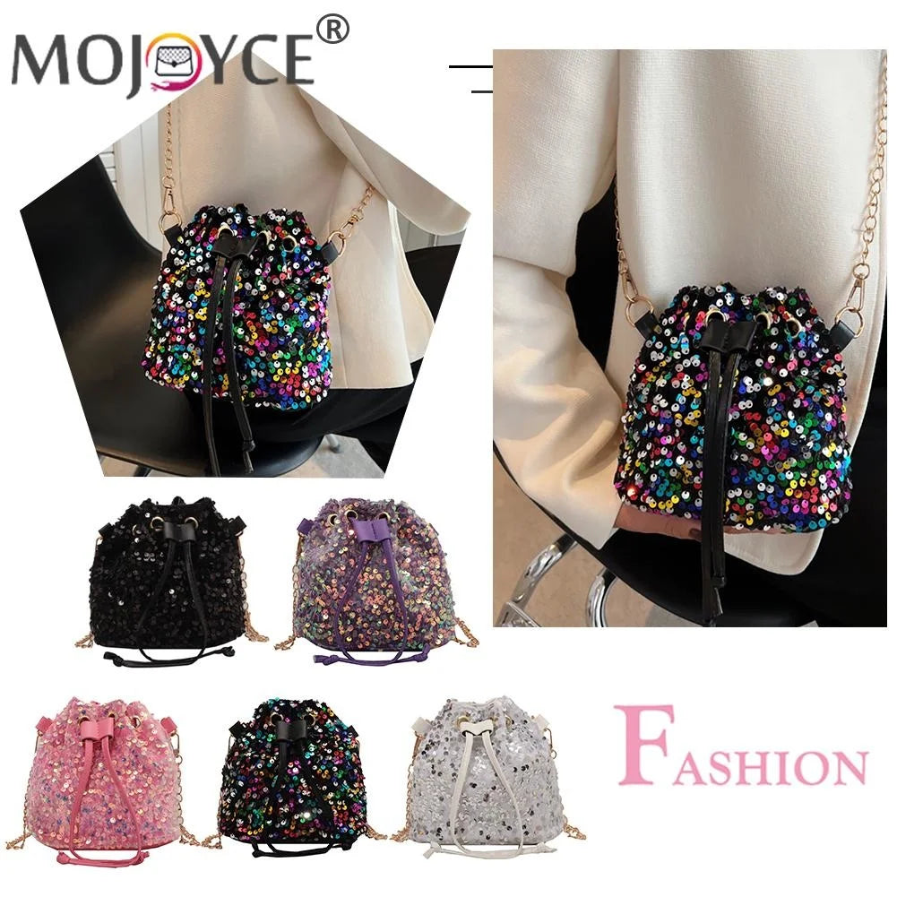 Vintage Women Top-Handle Bag Sequins Drawstring Shoulder Bag