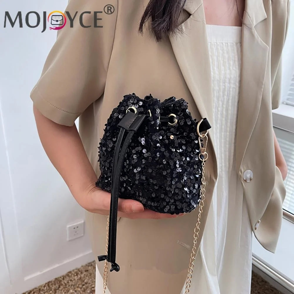 Vintage Women Top-Handle Bag Sequins Drawstring Shoulder Bag