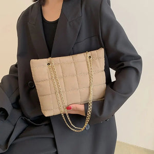 Winter Plaid Shoulder Bags Down Cotton Padded Tote Women Messenger Bags