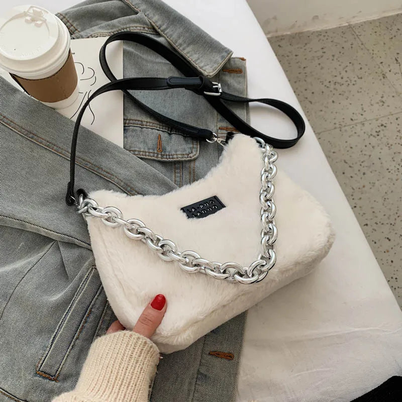 Winter Plush Faux Fur Small Crossbody Bags for Women Leopard Print