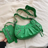 Winter Punk Style Rivets Shoulder Bag Crossbody Half Moon Messenger Handbag
