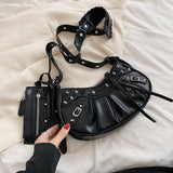 Winter Punk Style Rivets Shoulder Bag Crossbody Half Moon Messenger Handbag