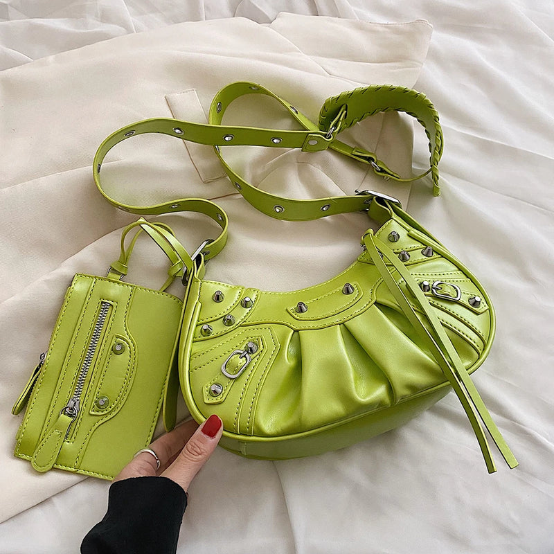 Winter Punk Style Rivets Shoulder Bag Crossbody Half Moon Messenger Handbag