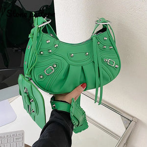 Winter Punk Style Rivets Shoulder Bag Crossbody Half Moon Messenger Handbag