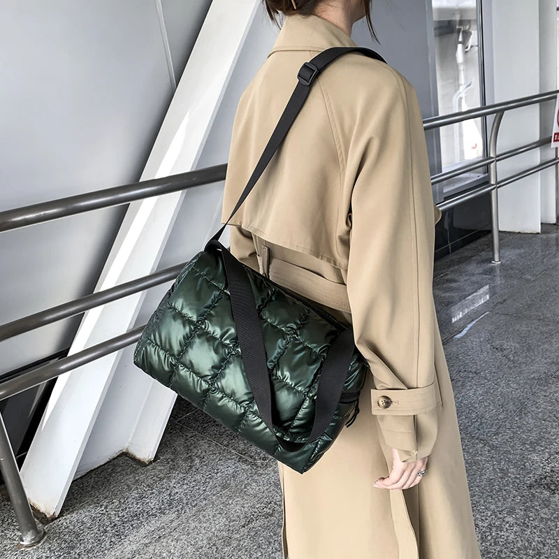 Winter Retro Check Fluffy Tote Bag Cross Body Space Pad Cotton Down Shoulder Bag