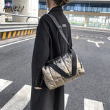 Winter Retro Check Fluffy Tote Bag Cross Body Space Pad Cotton Down Shoulder Bag