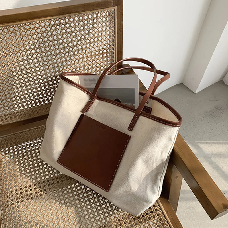 Women Canvas Tote Bag Lady Large Capacity Brown Shopping Shoulder Bags