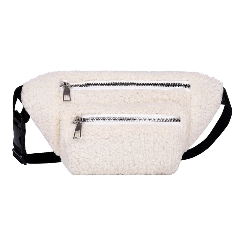 Women Plush Waist Bag Solid Belt Bags Shoulder Crossbody Chest Bag