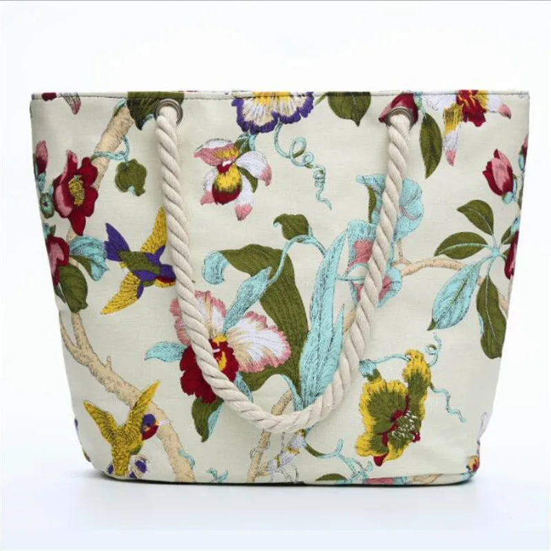 Women Floral Shoulder Bags Casual Beach Holiday Bags Cotton Tote Shopping Bags