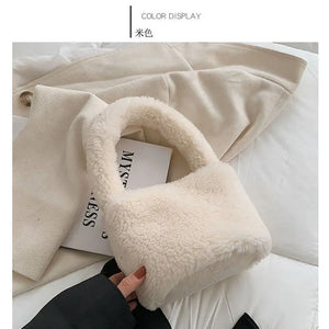 Women Plush Tote Handbag Lamb Fabric Wrist Bag Fluffy Makeup Bag Canvas