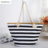 Women Straw Shoulder Bags Large Size Beach Bags Striped Travel Bags