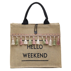 Large Tassel Shoulder Bag Letter Linen Tote Casual Girls Travel Shopping Bag