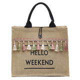Large Tassel Shoulder Bag Letter Linen Tote Casual Girls Travel Shopping Bag