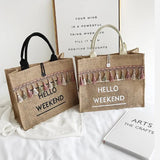 Large Tassel Shoulder Bag Letter Linen Tote Casual Girls Travel Shopping Bag