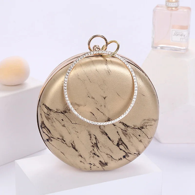 Women Round Evening Bag PU Leather Handbag Clutches Chain Shoulder Bags
