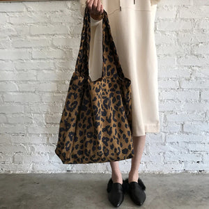 Leopard Pattern Corduroy Shoulder Bag Retro Handbag Tote Bag