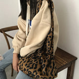 Leopard Pattern Corduroy Shoulder Bag Retro Handbag Tote Bag