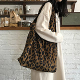 Leopard Pattern Corduroy Shoulder Bag Retro Handbag Tote Bag