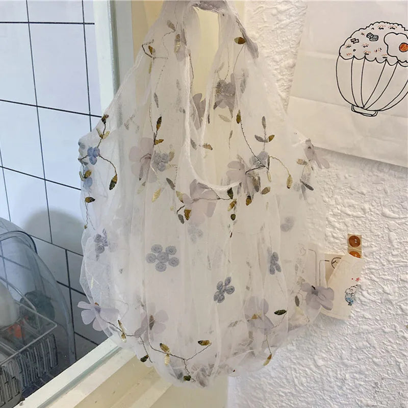 Embroidery Flower Bag Floral Fairy Net Yarn Hand Bag Small Fresh