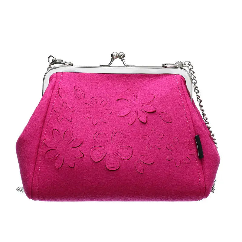 Women Clutches Handbag Flower Shoulder Bag Carving Silver Metallic Strap