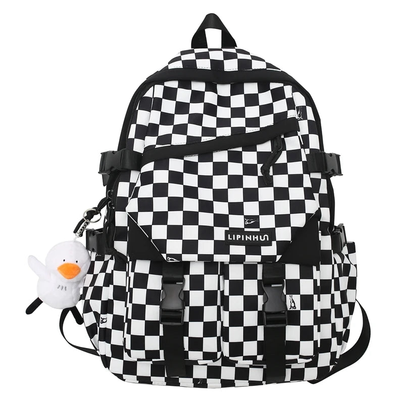 Nylon Plaid Backpack School Bag for Girls Student Travel Lady Student
