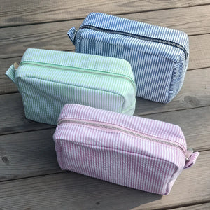 23CM Seersucker Cosmetic Bag Pink Striped Makeup Storage Women Travel Dom103059