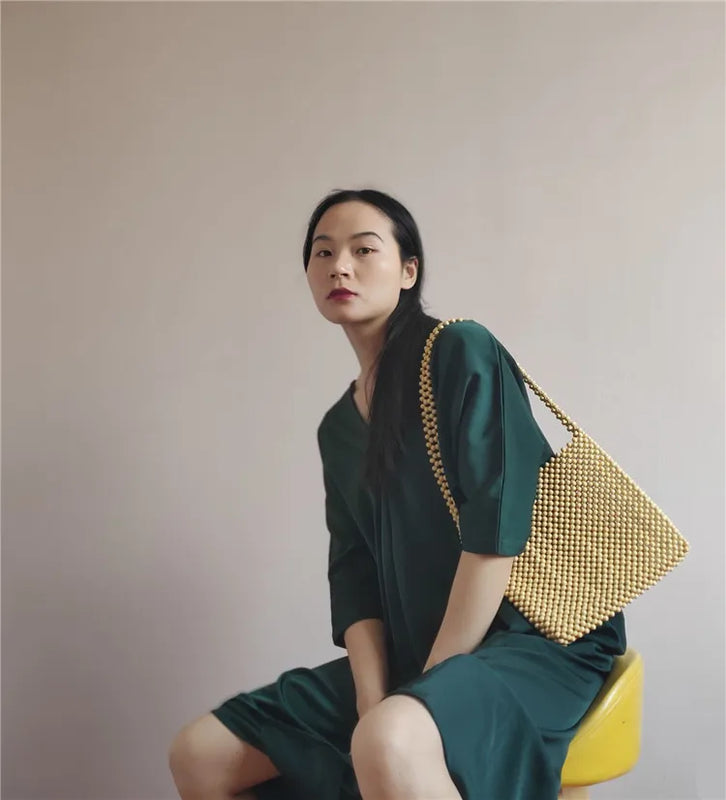 Small Wood Braided Bead Bag - 24x23CM