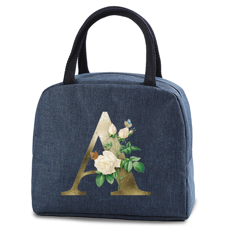 Golden Flower Print Insulated Lunch Bag - Thermal Bento Tote
