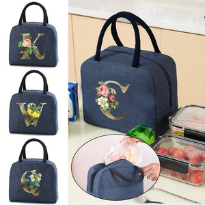 Golden Flower Print Insulated Lunch Bag - Thermal Bento Tote