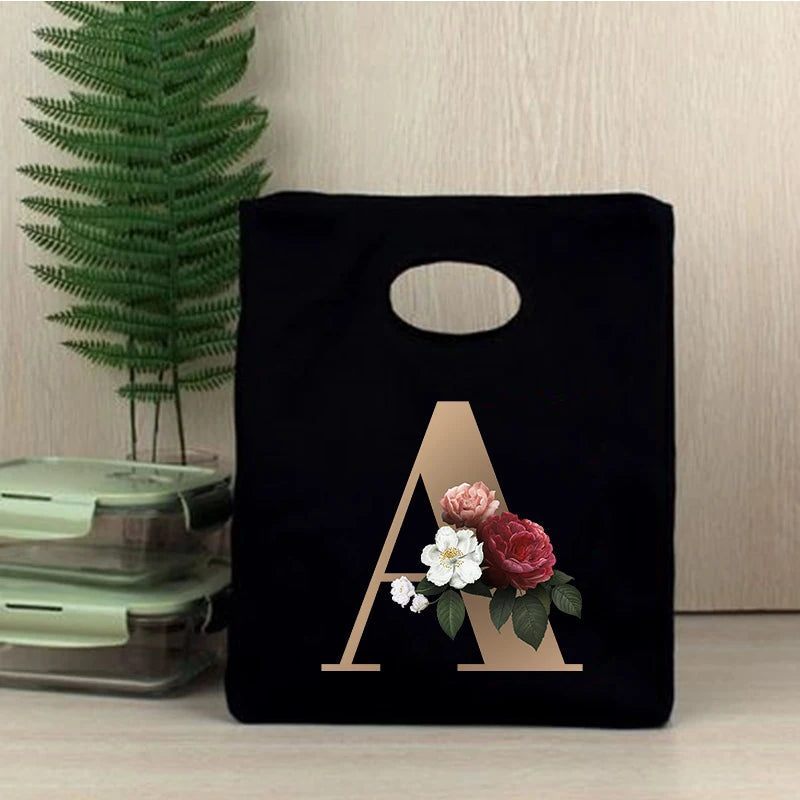 Initial Letter Print Cooler Lunch Bag Insulated Bento Box Tot