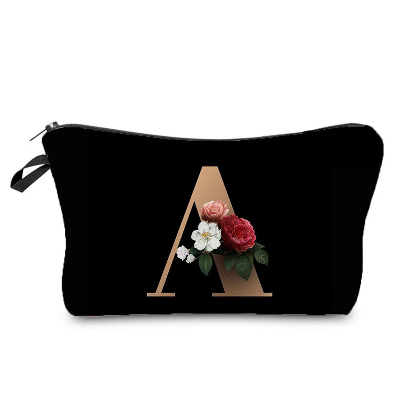 Initials Flower Cosmetic Bag A-Z Letter Makeup Bags Women Travel
