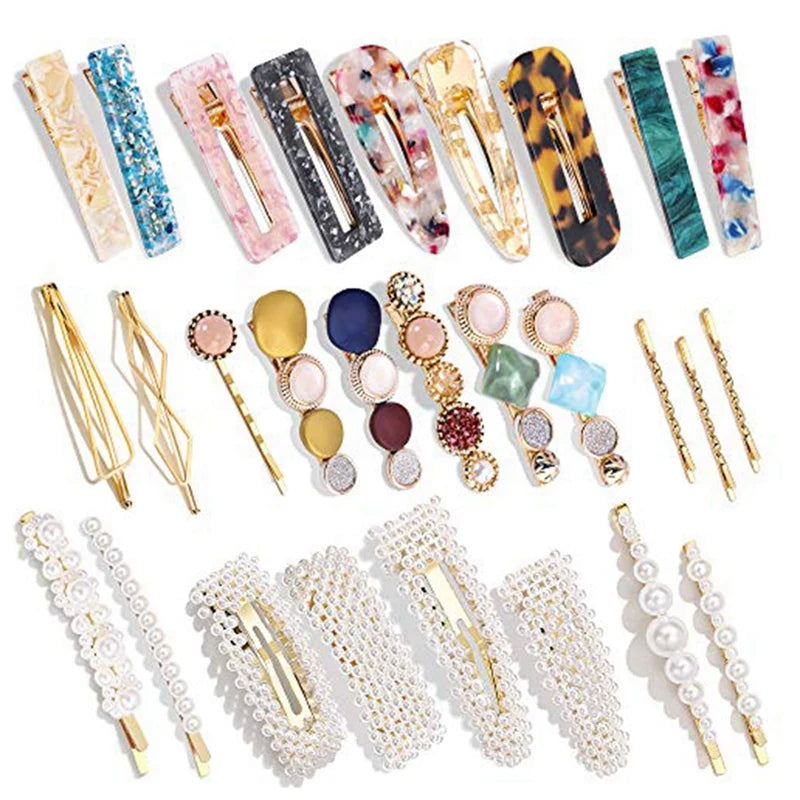 28 PCS Pearls & Acrylic Resin Hair Clips Barrettes