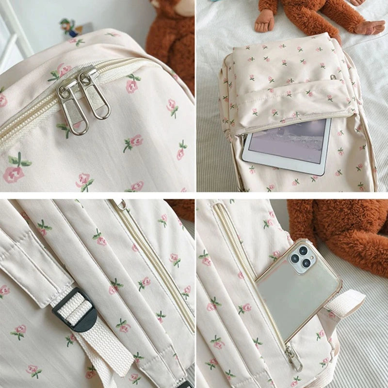 28GD Medium Nylon Women Backpacks Floral Print Bookbag for Teen Girls