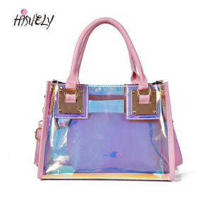 2PCS Women Transparent PVC Jelly Handbag Laser Shoulder Bags