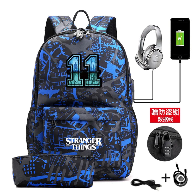 2PCS Letter Printed USB Charging Backpack Waterproof Travel Mochila Men Women