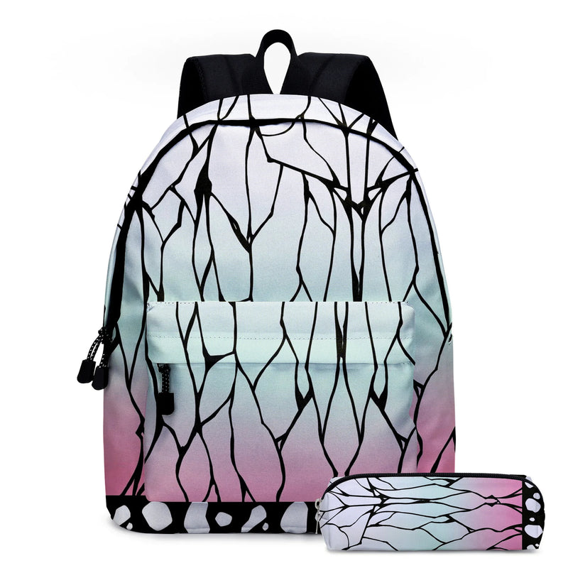 2Pcs Anime Demon Slayer Backpacks Kochou Shinobu Rucksacks Kid School Pencil Bag