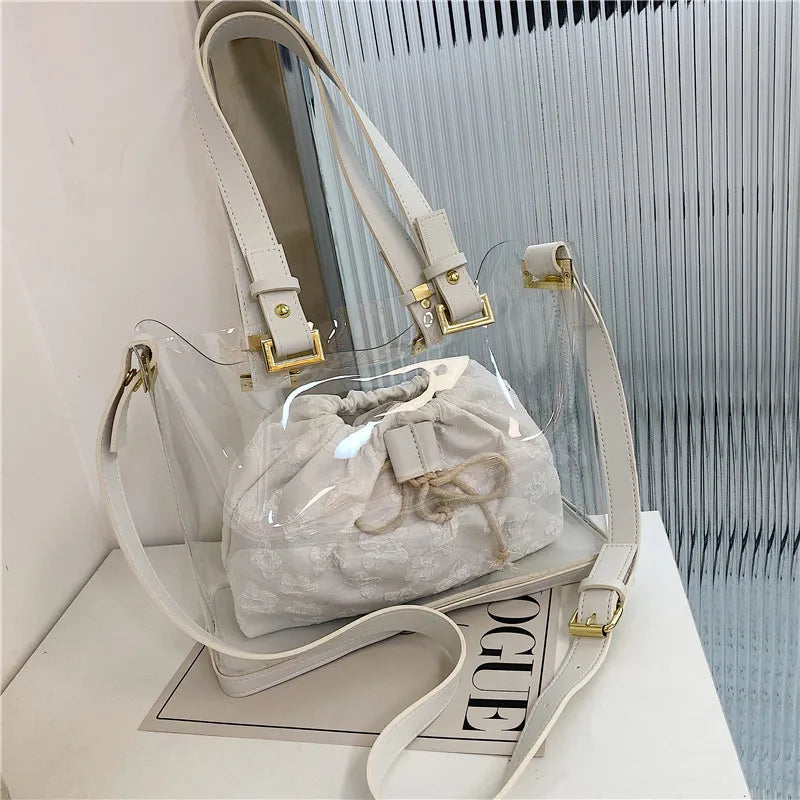 2Pcs Transparent Bucket Bag Flower Shoulder Bag Summer Beach Crossbody Bags