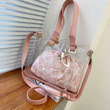 2Pcs Transparent Bucket Bag Flower Shoulder Bag Summer Beach Crossbody Bags