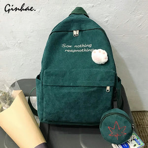 2Pcs Women Letter Embroidery Backpack Corduroy School Bags For Teenage Girls