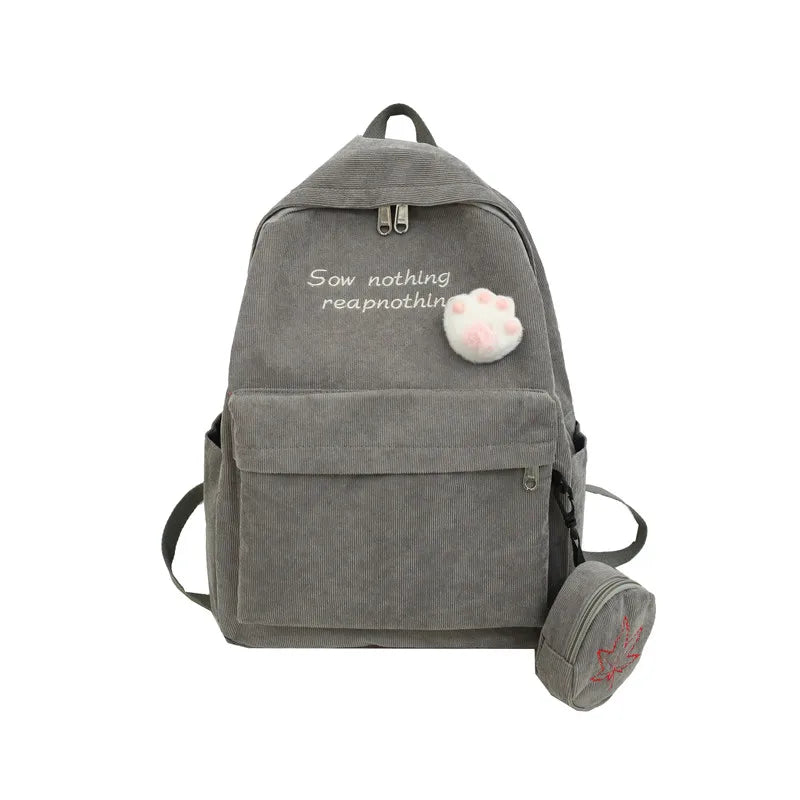 2Pcs Women Letter Embroidery Backpack Corduroy School Bags For Teenage Girls