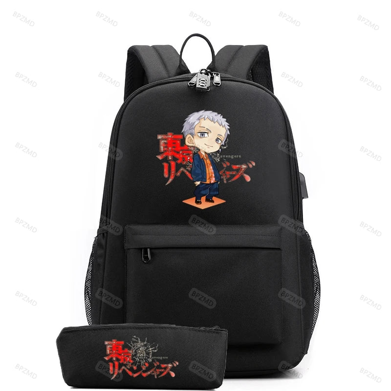 2Pcs/set Anti-Theft Backpack School Bookbag with Pencil Case USB Charging