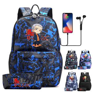 2Pcs/set Anti-Theft Backpack School Bookbag with Pencil Case USB Charging